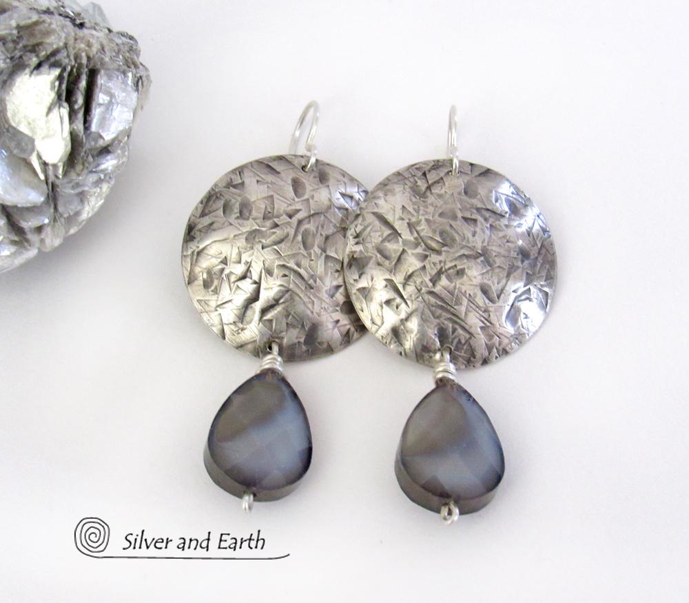 Sterling Silver Earrings with Faceted Gray Glass Crystal Dangles - Artisan Handmade Dressy Modern Jewelry
