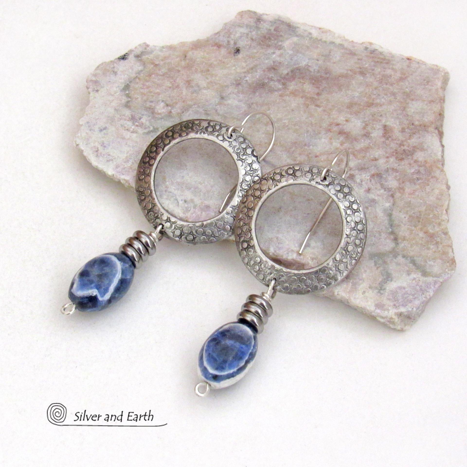 Silver Pewter Circle Hoop Earrings with Blue Sodalite Dangles - Artisan Handcrafted Modern Natural Gemstone Jewelry