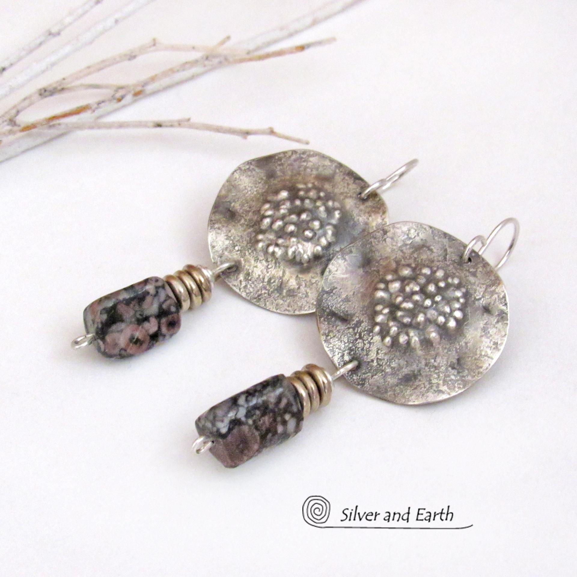 Sterling Silver Earrings with Dangling Crinoid Fossil Stones - Bold Modern Earthy Organic Natural Fossil Jewelry 