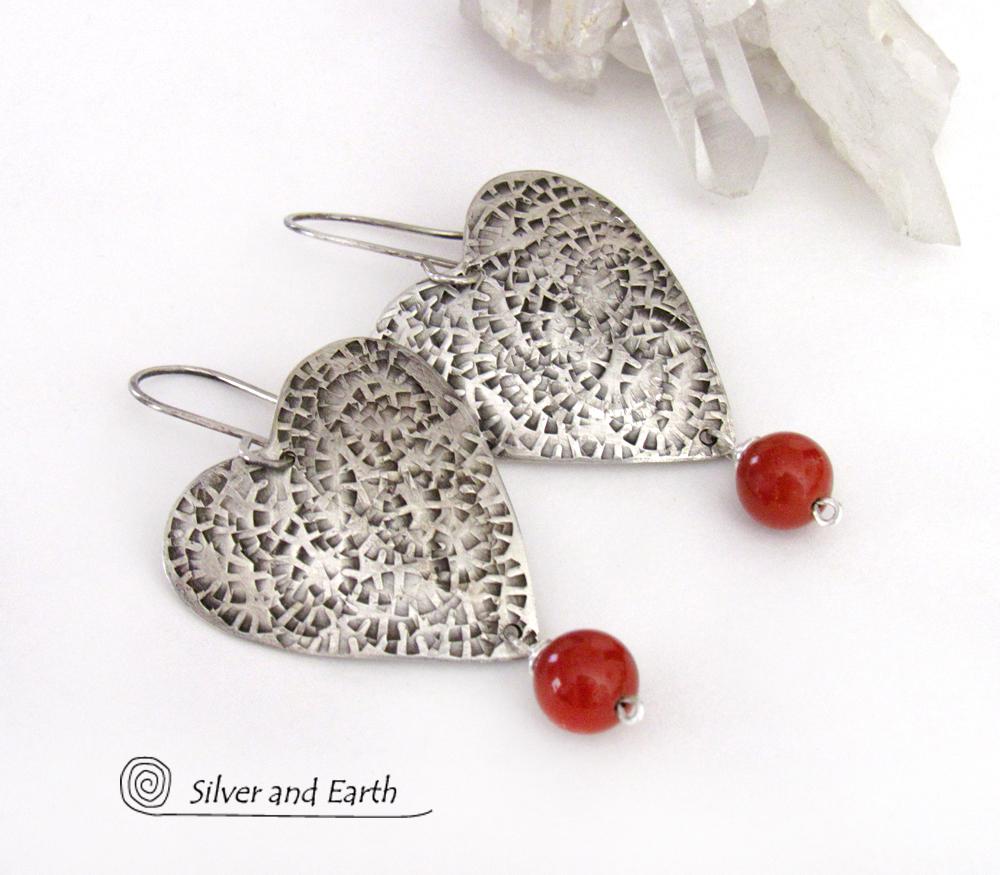 Sterling Silver Heart Earrings with Red Jasper Stone Dangles - Romantic Jewelry Gifts for Women
