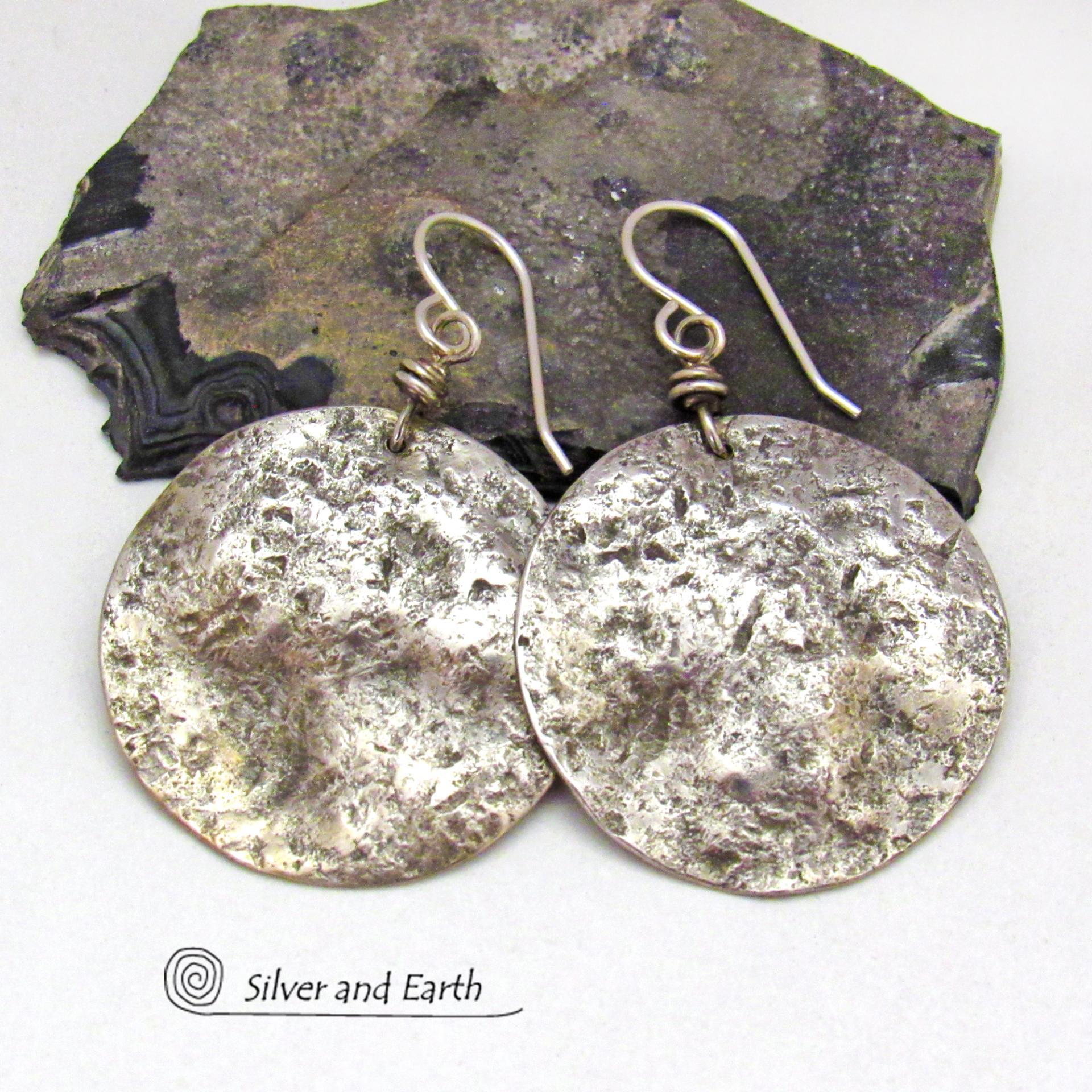 Hammered Sterling Silver Moon Earrings - Organic Earthy Silver Jewelry