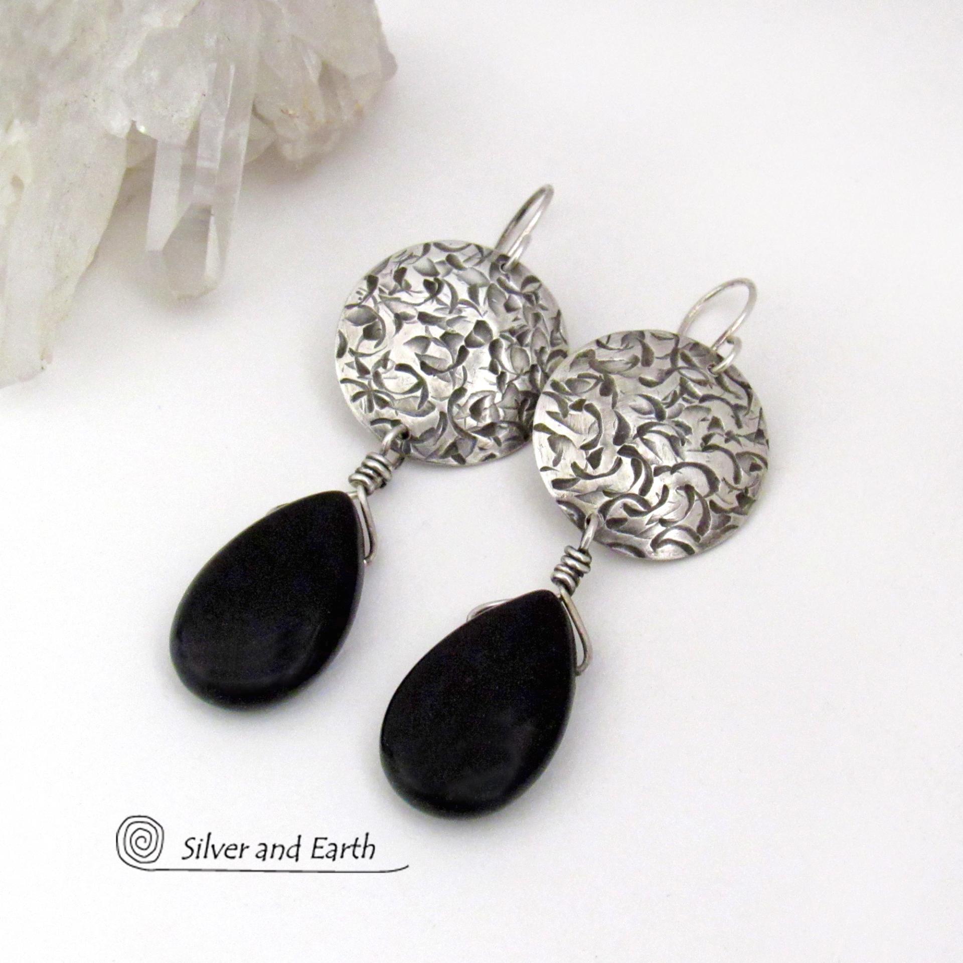 Sterling Silver Earrings with Dangling Black Onyx Gemstones - Handcrafted Silver Jewelry