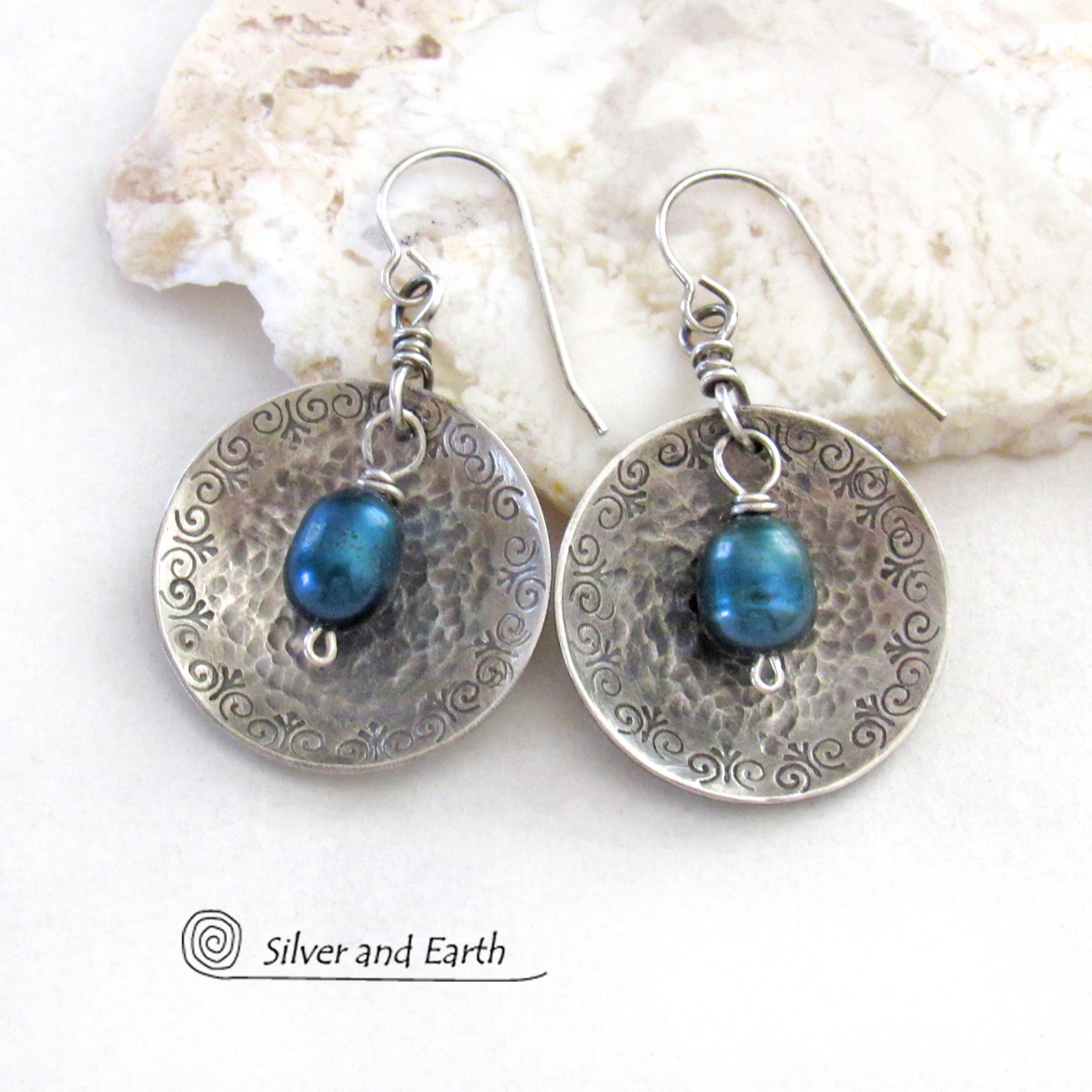 Sterling Silver Earrings with Blue Freshwater Pearls -  Elegant Modern Artisan Handcrafted Sterling Jewelry - June Birthstone Gift