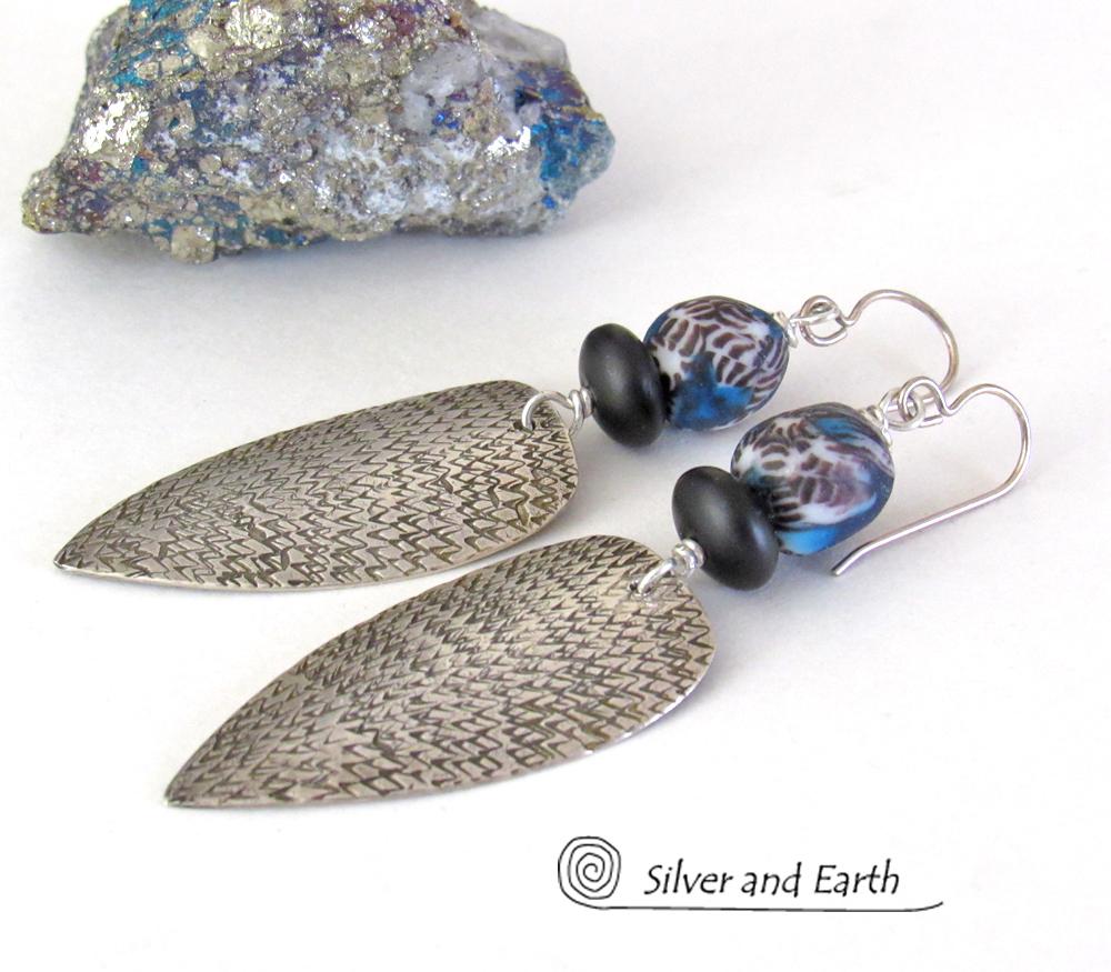 Sterling Silver Tribal Spear Earrings with Multi Colored Blue and Black African Glass Beads