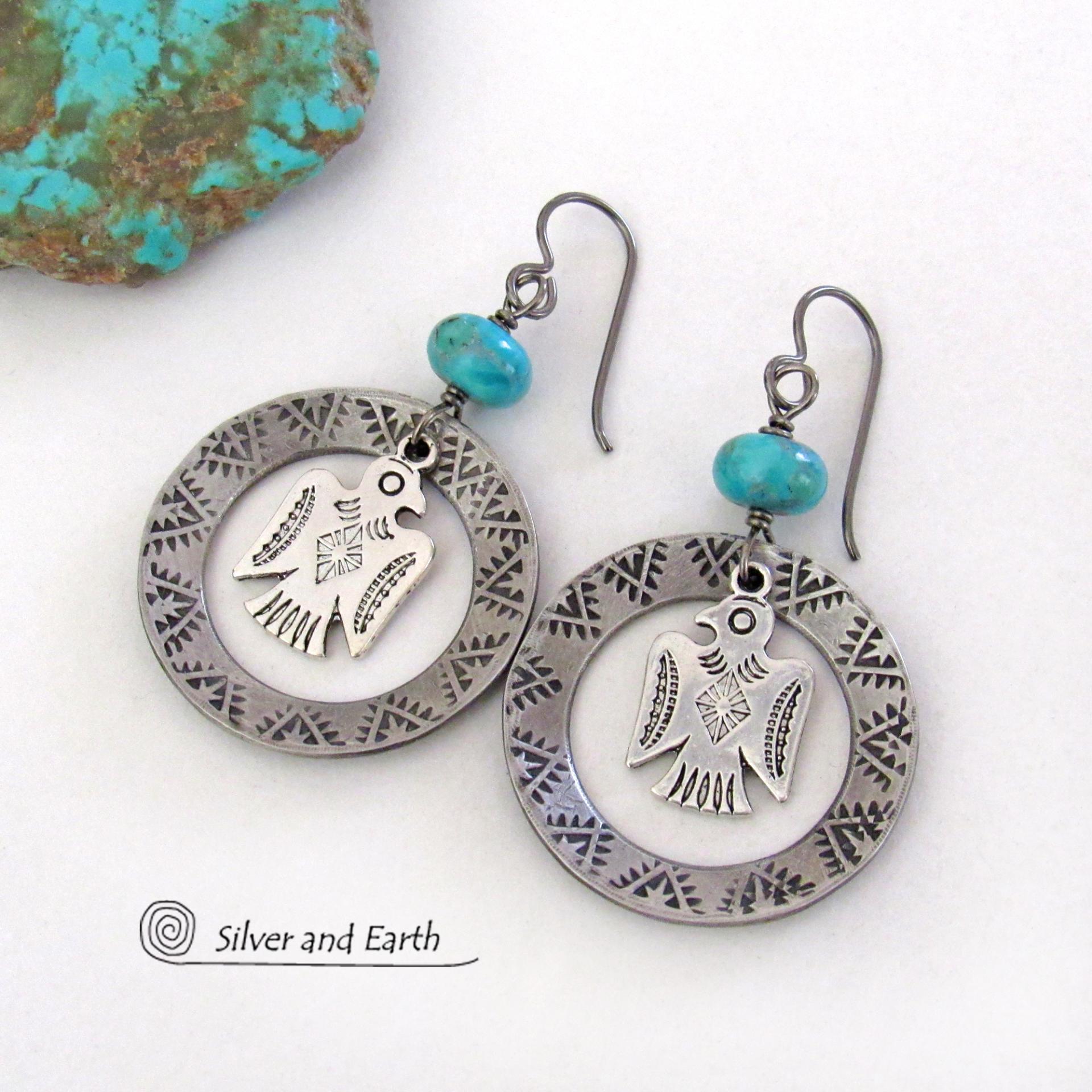 Thunderbird Silver Pewter Hoop Earrings with Blue Turquoise Stones - Handmade Southwestern Style Jewelry