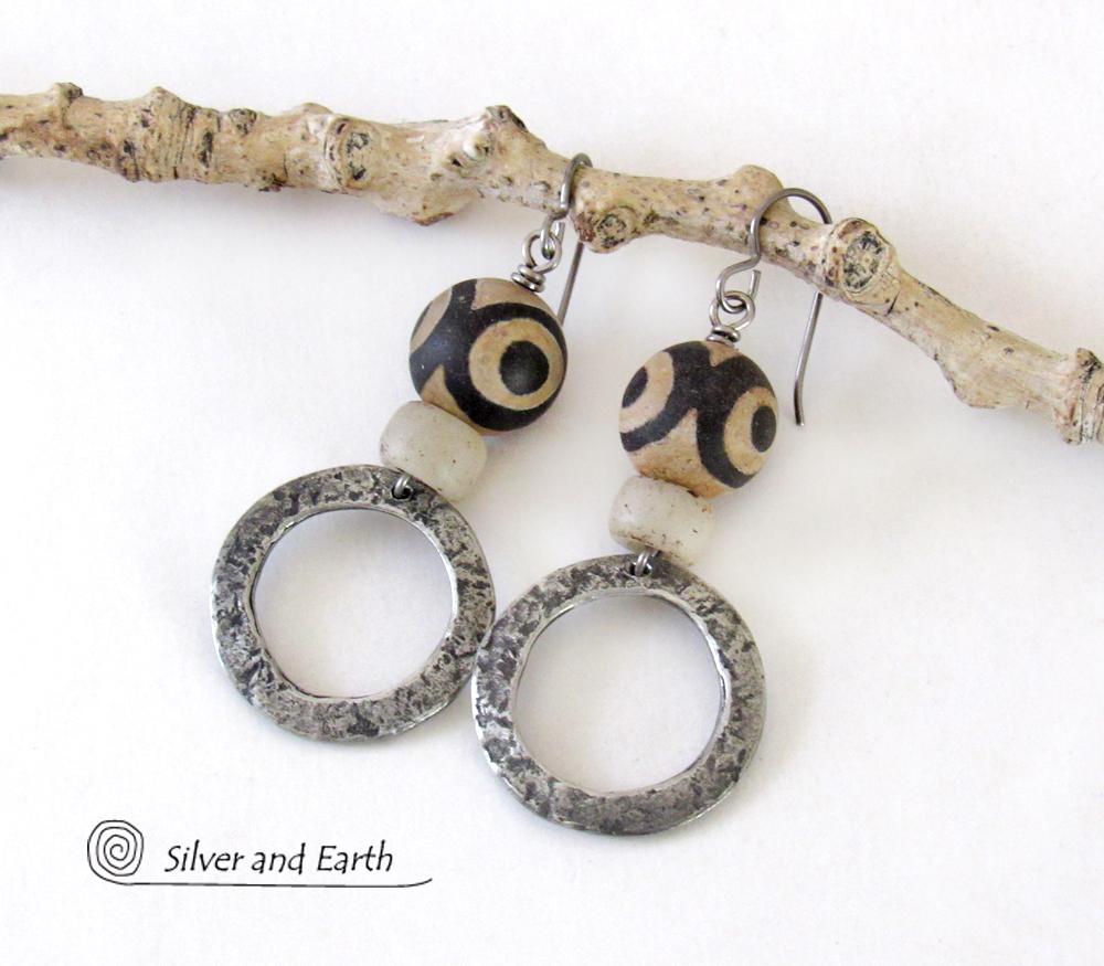 Hammered Silver Pewter Circle Hoop Earrings with Tibetan Agate Stones & African Glass Beads - Boho Tribal Ethnic African Jewelry 