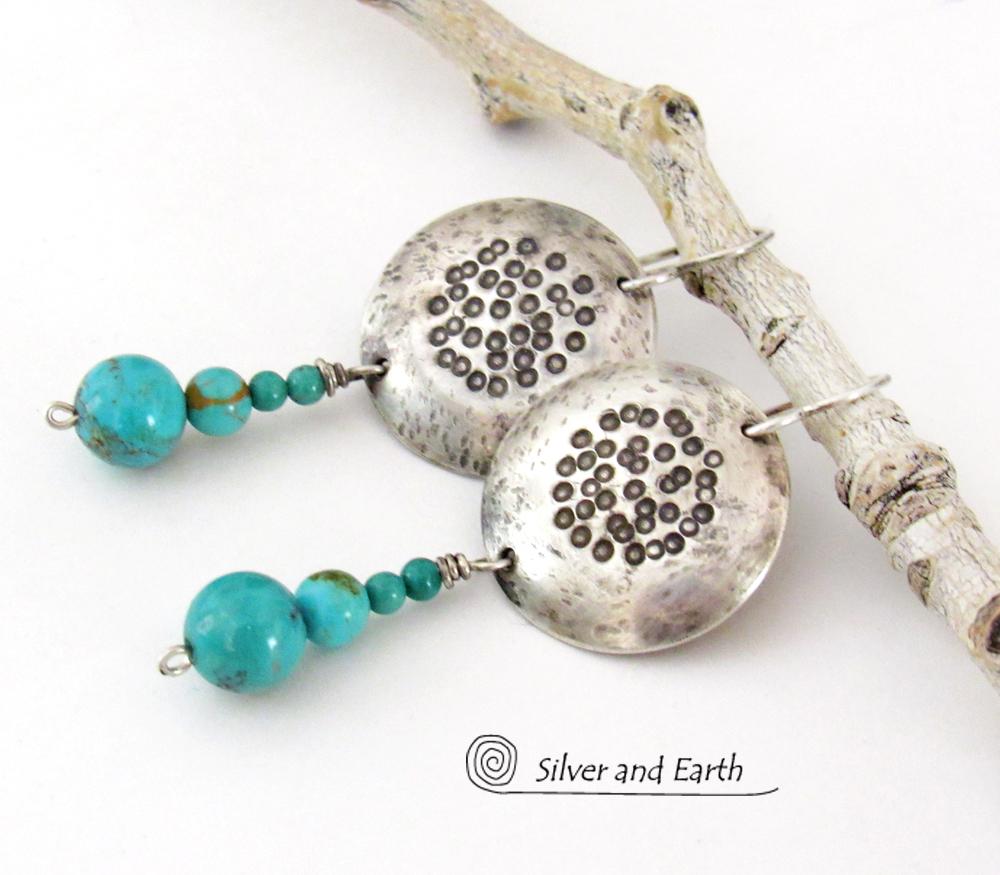Hand Stamped Sterling Silver Earrings with Dangling Turquoise Stones - Boho Sundance / Southwest Style Artisan Handmade Jewelry