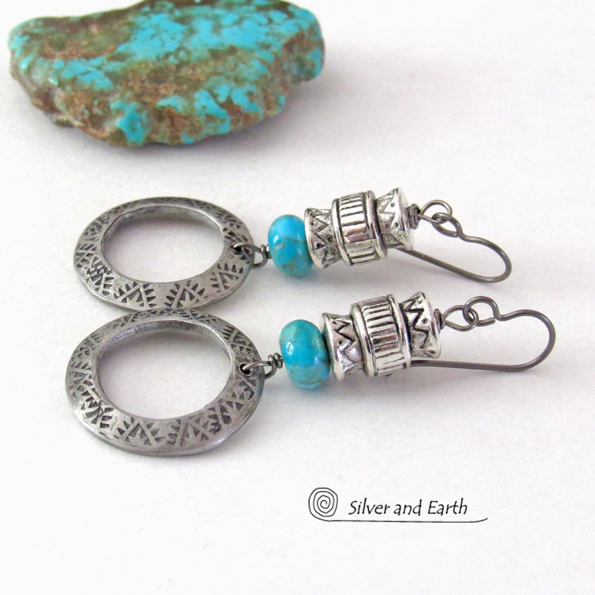 Turquoise and Hand Stamped Silver Pewter Hoop Earrings with Southwestern Tribal Style Beads