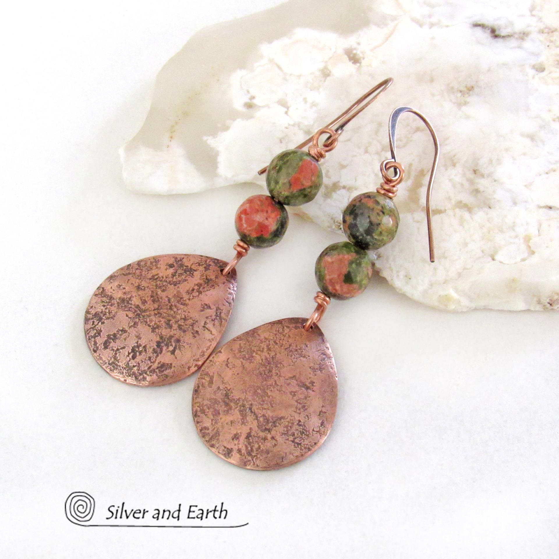 Unakite Pink Green Gemstone Earrings with Copper Teardrop Dangles - Artisan Handcrafted Copper Metal Jewelry