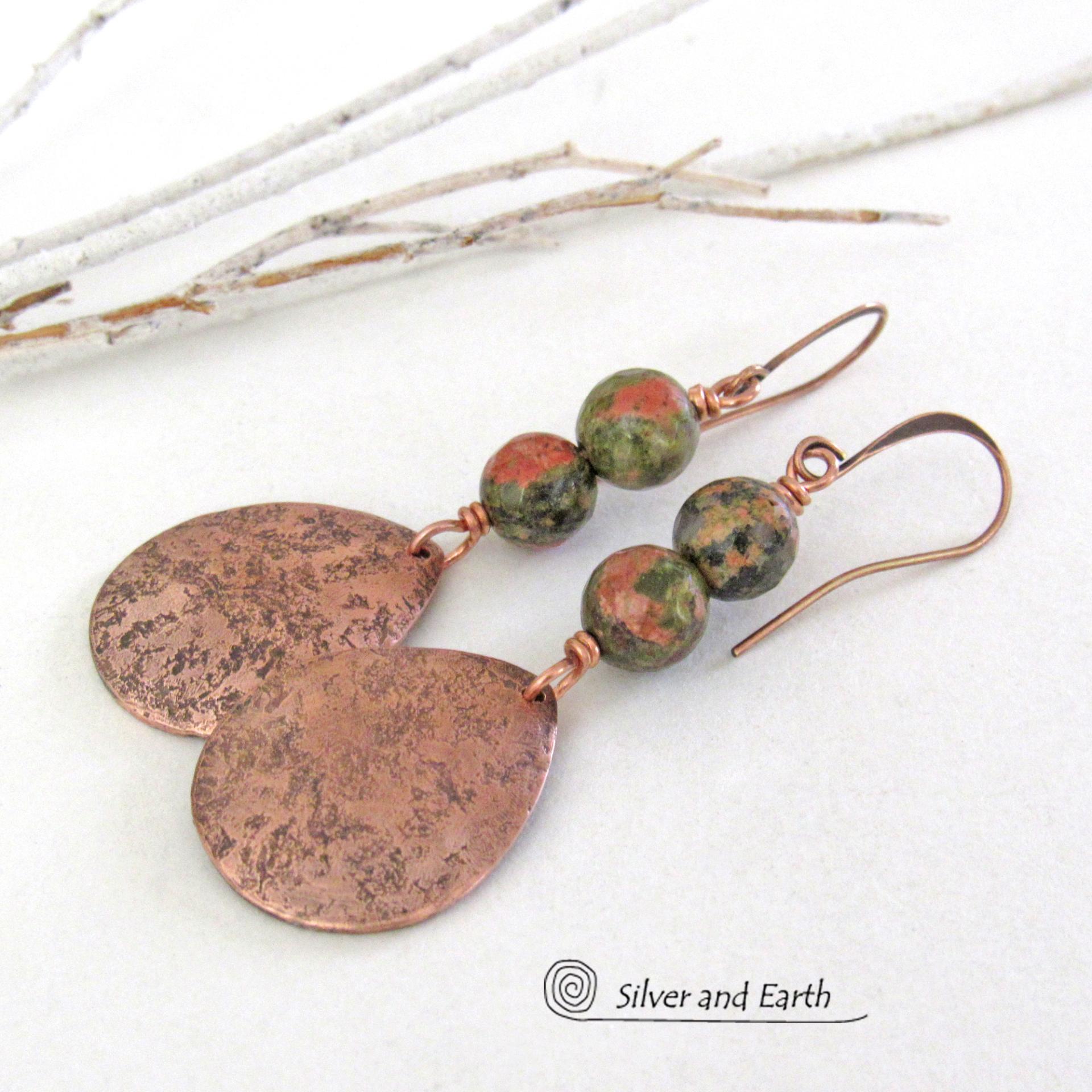 Unakite Pink Green Gemstone Earrings with Copper Teardrop Dangles - Artisan Handcrafted Copper Metal Jewelry