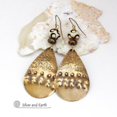 Big Bold Long Gold Brass Tribal Earrings with African Carved Bone & Brown Bronzite Stones 