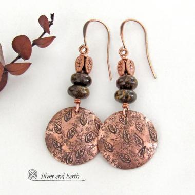 Copper Earrings with Hand Stamped Leaves & Brown Bronzite Stones - Artisan Handmade Earthy Nature Jewelry Gifts for Women