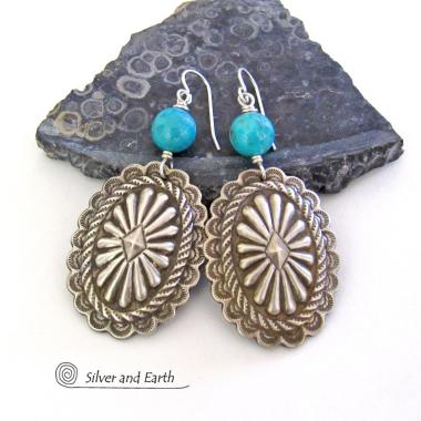 Large Sterling Silver Concho Earrings with Turquoise - Santa Fe Style Southwestern Jewelry