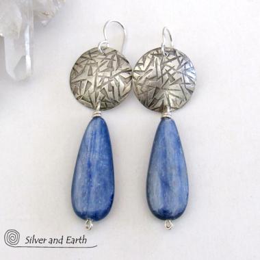 Handcrafted Modern Sterling Silver Earrings with Long Dangly Blue Kyanite Gemstones