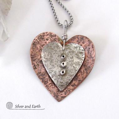 Nesting Mixed Metal Heart Necklace with Sterling Silver & Copper - Unique Romantic Jewelry