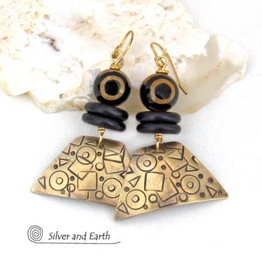 Hand Stamped Gold Brass Earrings with Tibetan Eye Agate Stones - Artisan Handcrafted Abstract Funky Mod Jewelry