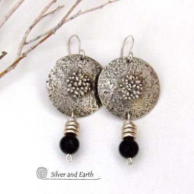 Textured Sterling Silver Earrings with Black Onyx Dangles - Chic Modern Stylish Jewelry