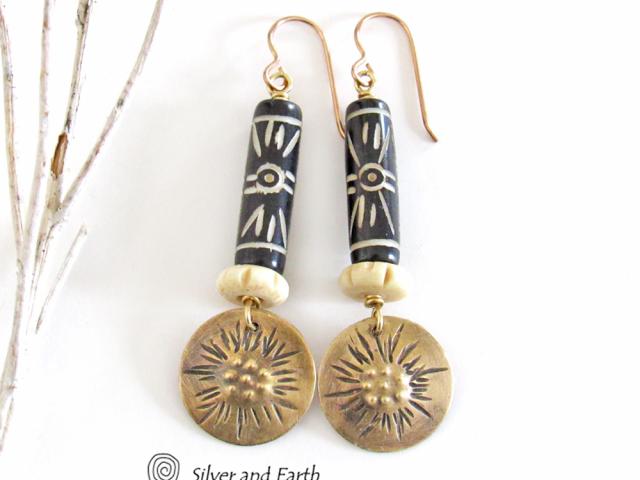 Brass Earrings with African Batik & Carved Bone - Boho Tribal African Jewelry