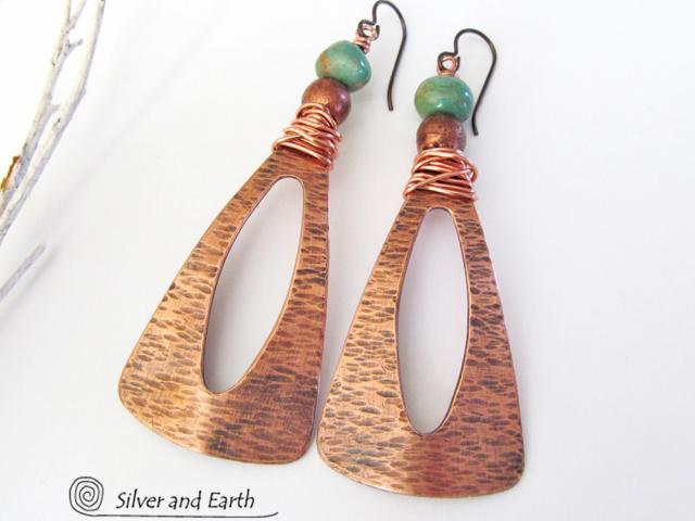 Turquoise & Copper Long Dangle Earrings - Bold Statement Jewelry