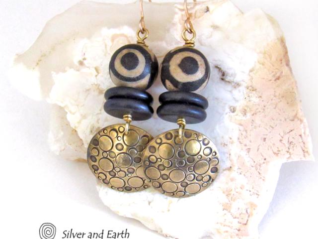 Hand Stamped Gold Brass Tribal Earrings with Tibetan Agate Stones & Black Beads - Bold Ethnic Tribal Jewelry 