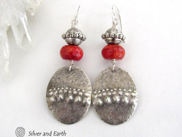 Textured Sterling Silver Oval Dangle Earrings with Red Coral - Modern Tribal Jewelry