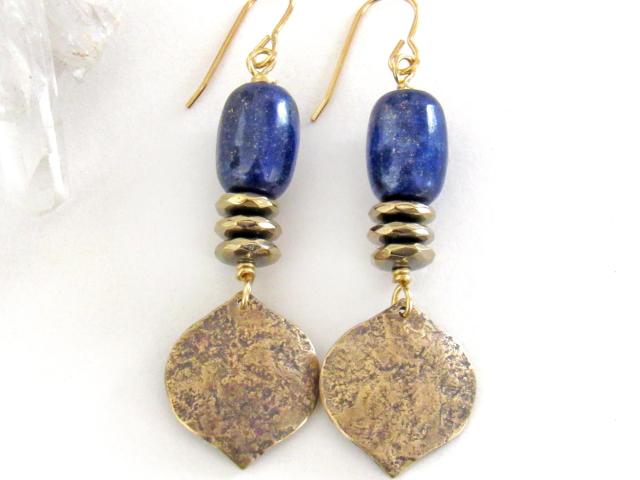 Blue Lapis Gemstone Earrings with Gold Brass Dangles - Handcrafted Modern Chic Elegant Lapis Lazuli Jewelry