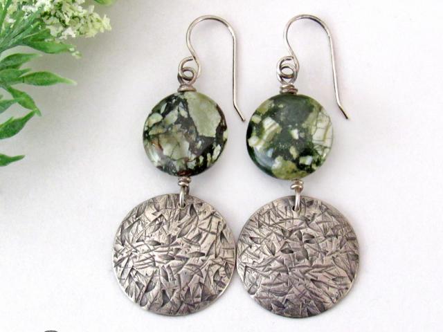 Hand Stamped Sterling Silver Earrings with Earthy Natural Green Rainforest Jasper Stones