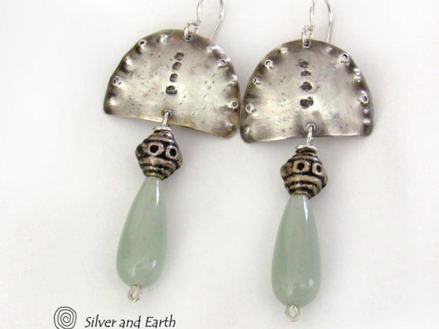 Sterling Silver Earrings with Green Aventurine Gemstones - Unique Bohemian Tribal Jewelry