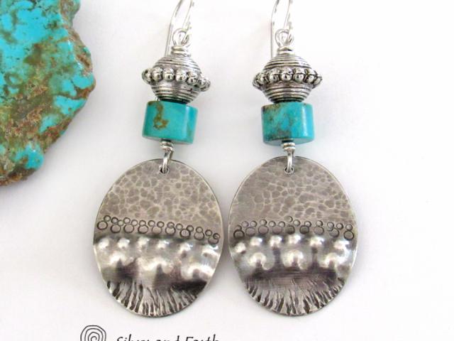 Turquoise & Sterling Silver Oval Dangle Earrings - Tribal Southwestern Style Jewelry
