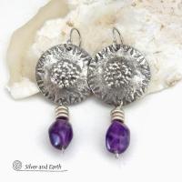 Bold Modern Sterling Silver Earrings with Purple Amethyst Gemstones - February Birthstone Jewelry - 6th Anniversary Gift for Wife