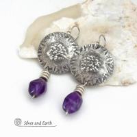 Bold Modern Sterling Silver Earrings with Purple Amethyst Gemstones - February Birthstone Jewelry - 6th Anniversary Gift for Wife