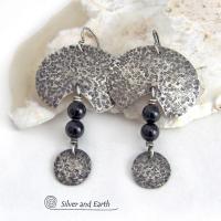 Hammered Oxidized Sterling Silver Earrings with Black Onyx Gemstones - Bold Edgy Modern Silver Jewelry