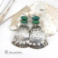 Hand Stamped Sterling Silver and Turquoise Earrings - Bold Unique Southwest Style Jewelry