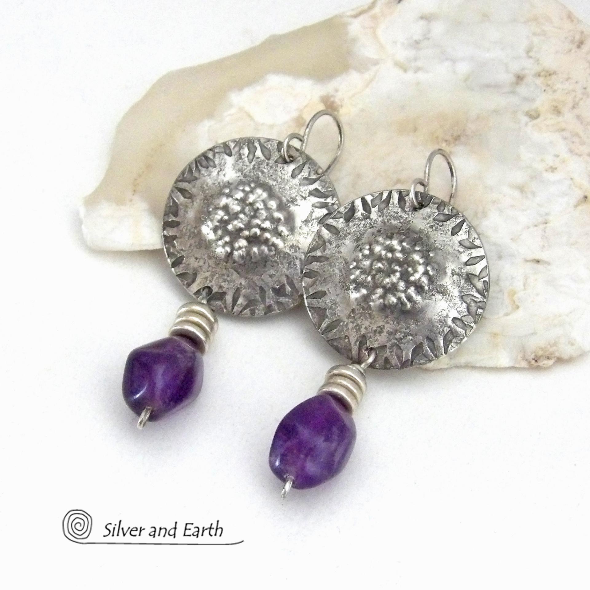 Bold Modern Sterling Silver Earrings with Purple Amethyst Gemstones - February Birthstone Jewelry - 6th Anniversary Gift for Wife