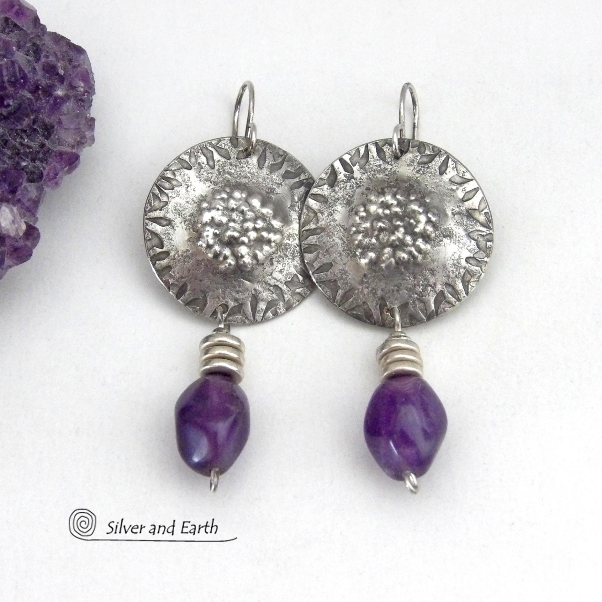 Bold Modern Sterling Silver Earrings with Purple Amethyst Gemstones - February Birthstone Jewelry - 6th Anniversary Gift for Wife