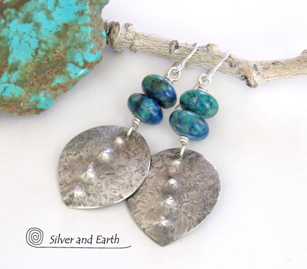 Sterling Silver Earrings with Blue Green Chrysocolla Stones - Earthy Modern Silver Jewelry