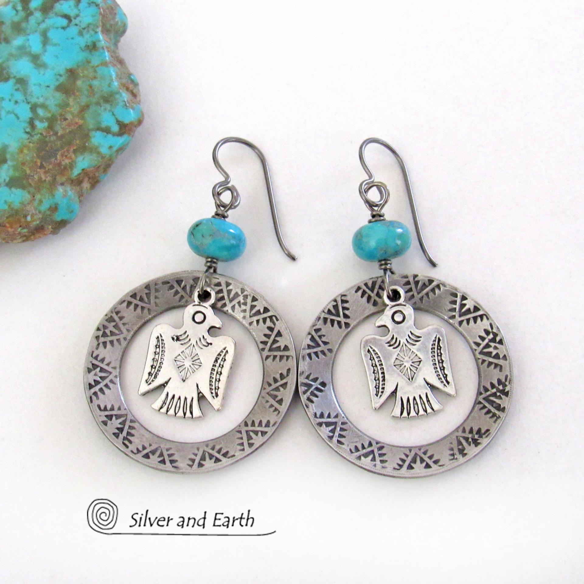 Thunderbird Silver Pewter Hoop Earrings with Blue Turquoise Stones - Handmade Southwestern Style Jewelry