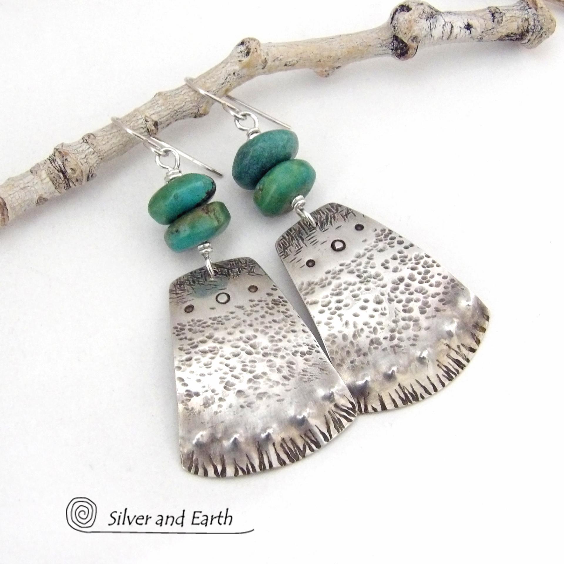 These handcrafted earrings feature sterling silver with a unique hammered and hand stamped texture accented with natural turquoise stones. They have a modern chic style with a bold southwestern flair. 