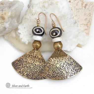 African Batik Bone Gold Brass Earrings - Bold Exotic Ethnic Style Jewelry