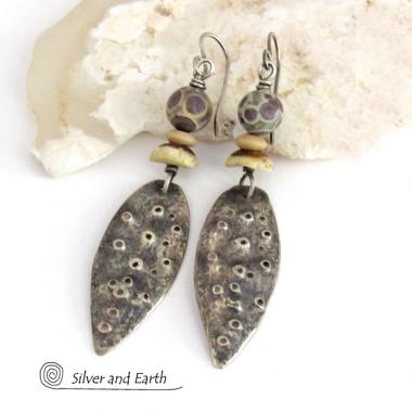 Rustic Sterling Silver Earrings with Asteroid Jasper Stones - Bold Edgy Earthy Organic Style Jewelry