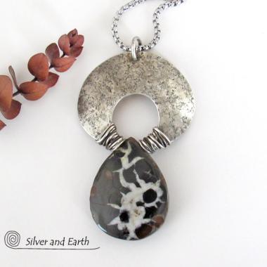 Septarian Fossil Sterling Silver Necklace - Unique One of a Kind Fossil Stone Jewelry