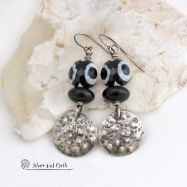 Small Sterling Silver Earrings with Black & White Faceted Tibetan Eye Agate Gemstones