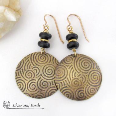 Gold Brass Spiral of Life Earrings with Black Onyx Stones - Bold Modern Artisan Handmade Jewelry
