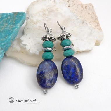 These handcrafted earrings feature natural lapis lazuli oval shaped gemstones accented with faceted turquoise and faceted hematite gemstones and textured silver pewter beads. Full of sundance style and southwestern charm, they'll coordinate well with all wardrobe types. Handmade in the USA by Silver and Earth Jewelry - a Certified New Mexico True business.