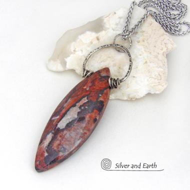 Large Brecciated Red Jasper Stone Necklace with Sterling Silver 