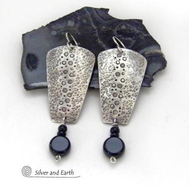 Hammered Sterling Silver Earrings with Black Onyx Gemstones - Artisan Handmade Earthy Organic Modern Jewelry