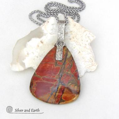 Large Red Creek Jasper Sterling Silver Necklace - Bold Earthy Natural Stone Jewelry