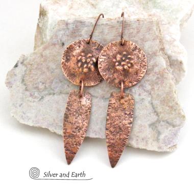 Rustic Hammered Solid Copper Dangle Earrings - Artisan Handmade Bold Rustic Hand Forged Metal Jewelry