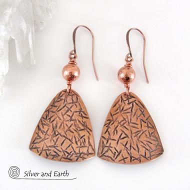 Textured Copper Dangle Earrings with Satin Brushed Copper Beads - Hand Forged Modern Metal Jewelry