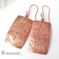 Copper Earrings with Hand Stamped Tribal Pattern - Southwest Style Jewelry